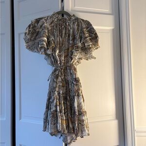 Elliatt Seraphina gray and gold print ruffled dress